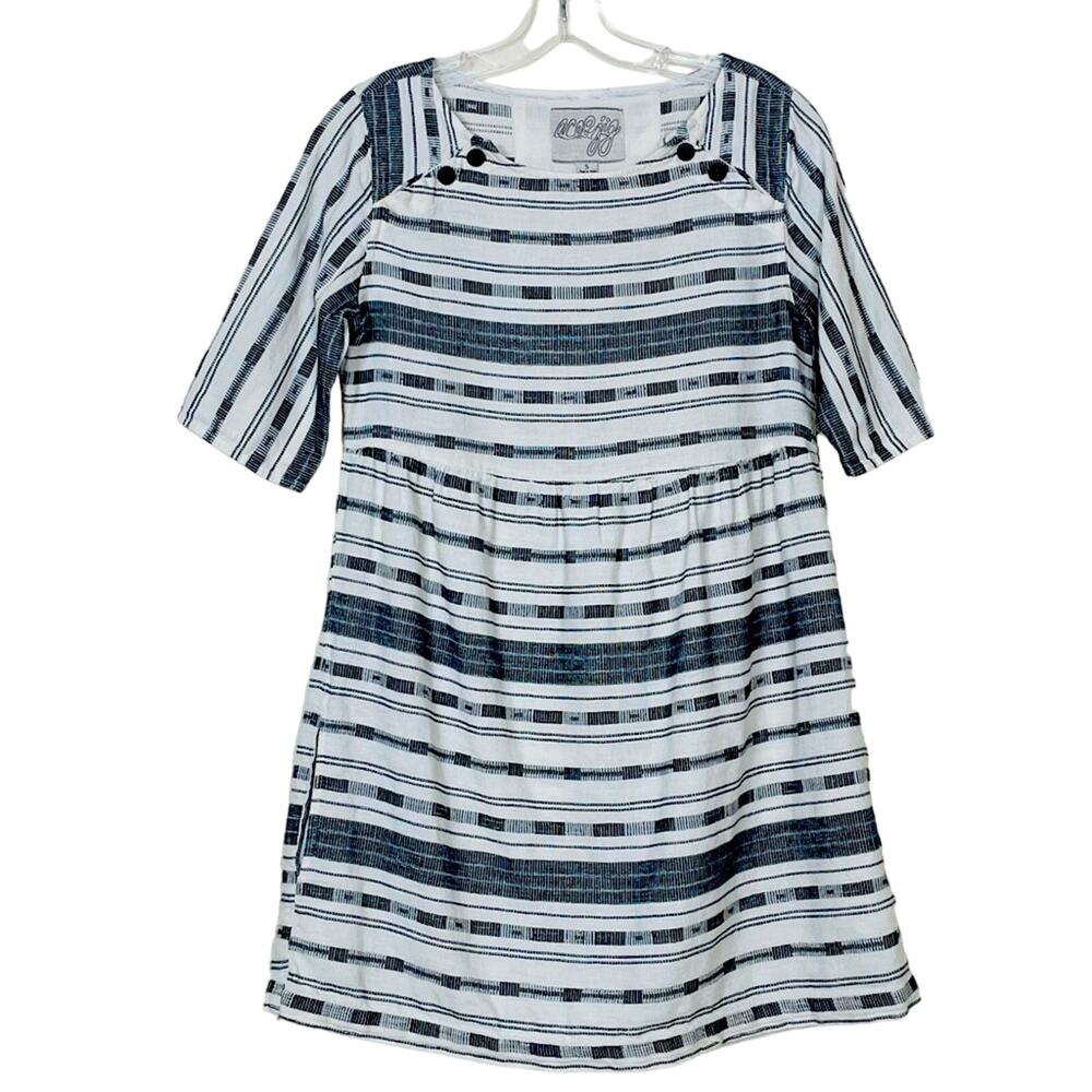 Ace & Jig  Black & White cotton linen mini dress pockets Twee buttons bateau